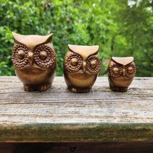 Vintage Solid Brass Owl Figurine Set Of 3 Made In Korea MCM Cottage Boho French